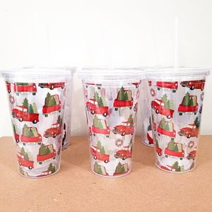 FARMHOUSE RED CHRISTMAS TRUCK TUMBLER GOBLET TREE